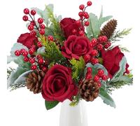 MHMJON Ramo de 18 Flores Artificiales de Navidad, Ramo Mixto, Ramas de Pino Artificiales, Tallos de Bayas, Conos de Pino, Flores Falsas Rojas para Navidad, Invierno, hogar, jarrón de Mesa, decoración