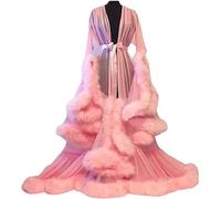 MHNFGDSE Bata de Plumas Sexy Transparente para Mujer Cuello en V Volantes Camisón de Tul de Manga Larga Manga de Trompeta Vestido Largo de Encaje Kimono Túnica de Pijama Plumas Novia,G,One Size