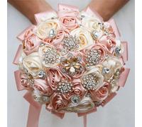 Mhojpik - Ramo de bodas nupcial redondo con broches brillantes, 16 cm, rosa melocotón y crema, rosas artificiales, ramo para lanzar, para novia, damas de honor, boda, quinceañera