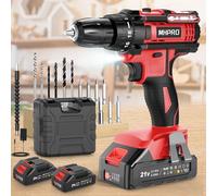MHPRO Taladro Percutor a Bateria 21V, Taladro Atornillador Bateria con 2 Baterías 2000mAh, 42Nm, 18+1 Ajuste de Par Destornillador Electrico, 14 Accesorios, 2 Velocidad, LED Luz Para Hogar, Bricolaje