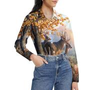 MHYRAC Blusa de manga larga para mujer, diseño hawaiano de hojas tropicales y flores, camisa con botones para fiesta de trabajo, Familia de ciervos cazadores, 3XL