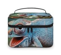MHYRAC Bolsa de cosméticos, bolsa de maquillaje de perezoso perezoso, bolsa de aseo de viaje de cuero para mujer, Camaleón divertido, 25x18x15cm