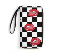 MHYRAC Cartera de piel, Birds-4107157, con cuerda, tamaño pequeño y gran capacidad, fácil de transportar, Patrón de repetición de labios rojos estilo pop a cuadros en blanco y negro, 19.7x10.5cm