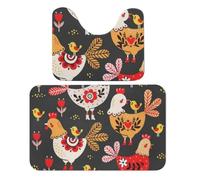 MHYRAC Juego de 2 alfombrillas de baño de pollo de colores extraños, absorbentes, suaves, 1 alfombra de bañera y 1 alfombrilla de inodoro en forma de U
