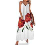 MHYRAC Vestido largo de verano para mujer, bonito vestido de verano para perro Shiba Lnu, vestido de playa con cuello en V y tirantes delgados, Flores de amapola roja, XXL Alto