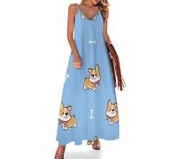 MHYRAC Vestido largo de verano para mujer, vestido de verano con bandera arcoíris, cuello en V, tirantes delgados, vestido de playa, Bonito perro corgi galés, S Alto