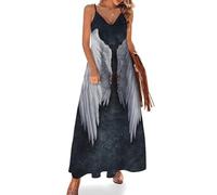 MHYRAC Vestido largo de verano para mujer, vestido de verano con estampado de perro Shiba Inu, cuello en V, tirantes delgados, vestido de playa, Alas de ángel, XXL Alto