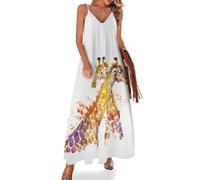 MHYRAC Vestido largo de verano para mujer, vestido de verano con estampado de perro Shiba Inu, cuello en V, tirantes delgados, vestido de playa, Jirafas de acuarela, M Alto
