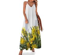 MHYRAC Vestido largo de verano para mujer, vestido de verano con mariposas moradas, cuello en V, tirantes delgados, vestido de playa, Ramo de narcisos, 5XL Alto