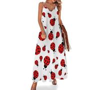 MHYRAC Vestido largo de verano para mujer, vestido de verano con mariposas rosas, cuello en V, tirantes delgados, vestido de playa, Patrón de mariquitas moteado infinito, 4XL Alto