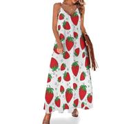 MHYRAC Vestido largo de verano para mujer, vestido de verano de cactus de alpaca, cuello en V, tirantes delgados, vestido de playa, Fresa, L Alto