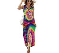 MHYRAC Vestido sin mangas, vestido de hojas de calabaza de otoño, cuello en V, vestido largo casual para Laydies, Colorido teñido anudado brillante, XL