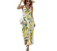 MHYRAC Vestido sin mangas, vestido de plátano con patrón de mono, cuello en V, vestidos largos casuales para Laydies, Amarillo Limón, M
