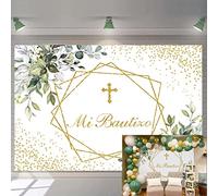 Mi Bautizo telón de fondo de primera comunión de bautismo para recién nacidos, baby shower, fondo dorado con purpurina verde eucalipto para cabina de fotos (6 x 4 pulgadas)