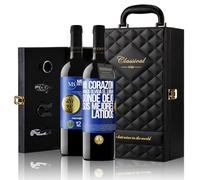 «Mi corazón nunca olvida el lugar donde dejó sus...» Mensaje en una Botella. Estuche-Maletín de LUJO 2x Vino Tinto Premium Reserva 12 Meses y Set de 4 Accesorios. Etiqueta Azul PERSONALIZABLE