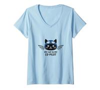 Mi Gato es mi copiloto: Aviator Kitty Adventure Camiseta Cuello V, Mujer, Azul Bebé, S