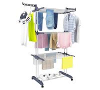 Mi Ko Mi Ka Tendedero Plegable de Acero Inoxidable para Ropa, 4 Niveles con Alas Laterales, 6 Bandejas Retráctiles, 35 kg de Capacidad, 4 Ruedas 360° y Diseño Plegable para Ahorrar Espacio (Gris)