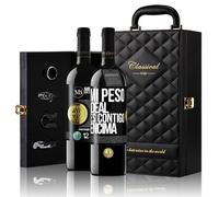 «Mi peso ideal es contigo encima» Mensaje en una Botella. Estuche-Maletín de LUJO 2x Vino Tinto Premium Reserva 12 Meses y Set de 4 Accesorios. Etiqueta Negra PERSONALIZABLE