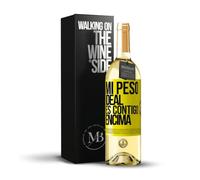 «Mi peso ideal es contigo encima» Mensaje en una Botella. Vino Blanco Premium Verdejo Joven + Gift Box. Etiqueta Amarilla PERSONALIZABLE