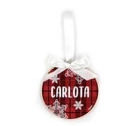 Mi Pipo - Bola Navidad Madera Personalizada - Cuadros Rojos | Decoración Árbol Navideño | Cinta para Colgar y Lazo | 10 cm de Diámetro | Vinilo Adhesivo Blanco | Hecho en Madera Natural