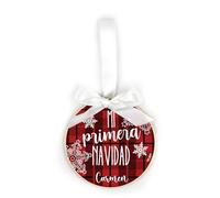 Mi Pipo - Bola Navidad Madera Personalizada - Cuadros Rojos Mi Primera Navidad | Decoración Árbol Navideño | Cinta para Colgar y Lazo | 10 cm de Diámetro | Letras Blancas | Hecho en Madera Natural