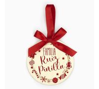 Mi Pipo - Bola Navidad Madera Personalizada - Familia | Decoración Árbol Navideño | Cinta para Colgar y Lazo | 10 cm de Diámetro | Ideal para Regalar | Vinilo Adhesivo Rojo | Hecho en Madera Natural