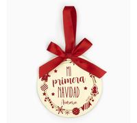 Mi Pipo - Bola Navidad Madera Personalizada - Mi Primera Navidad | Decoración Árbol Navideño | Cinta para Colgar y Lazo | 10 cm de Diámetro | Vinilo Adhesivo Rojo | Hecho en Madera Natural