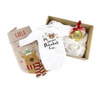Mi Pipo - Cajita Navidad Bebé Personalizada - Reno | Pack con Body Navidad Bebe, Chupete Personalizado, Calcetín, Bola Decorativa y Caja Regalo | Primera Navidad | Set Regalo Bebe Original