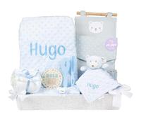 Mi Pipo - Canastilla Bebe Personalizada Azul | Cesta Bebe Recien Nacido con Manta, Doudou, Chupete, Pañales y Accesorios | Set Regalo Nacimiento Completo, Nombre Bordado, Poliéster