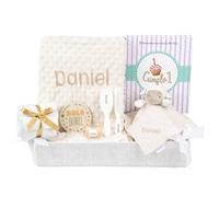 Mi Pipo - Canastilla Bebe Personalizada Beige con Diario Primer Año | Cesta Bebe Recien Nacido con Manta, Doudou, Chupete y Pañales | Set Regalo Nacimiento Completo, Nombre Bordado, Poliéster