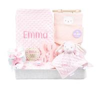 Mi Pipo - Canastilla Bebe Personalizada Rosa | Cesta Bebe Recien Nacido con Manta, Doudou, Chupete, Pañales y Accesorios | Set Regalo Nacimiento Completo, Nombre Bordado, Poliéster