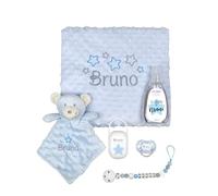 Mi Pipo - Canastilla Bebe Recien Nacido Personalizada Sweet | Pack Chupete Tetina Látex Anatómica +6 Meses, Sujetachupetes Personalizado, Portachupetes, Manta, Doudou y Colonia | Osito Azul
