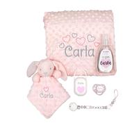 Mi Pipo - Canastilla Bebe Recien Nacido Personalizada Sweet | Pack Chupete Tetina Látex Anatómica +6 Meses, Sujetachupetes Personalizado, Portachupetes, Manta, Doudou y Colonia | Conejito Rosa