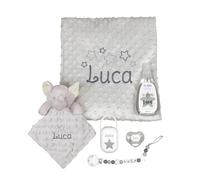 Mi Pipo - Canastilla Bebe Recien Nacido Personalizada Sweet | Pack Chupete Tetina Látex Anatómica +6 Meses, Sujetachupetes Personalizado, Portachupetes, Manta, Doudou y Colonia | Elefante Gris