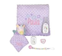 Mi Pipo - Canastilla Bebe Recien Nacido Personalizada Sweet | Pack Chupete Tetina Silicona Anatómica +6 Meses, Sujetachupetes Personalizado, Portachupetes, Manta, Doudou y Colonia | Unicornio Lila