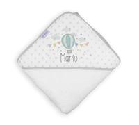 Mi Pipo - Capa de Baño Bebe Personalizada - Globo | Toalla 100x100 cm de Rizo de Algodón Extra Suave | Capucha Estampada + Bolsa Regalo | Fabricada en España | Ideal para Bebés y Recién Nacidos