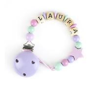 Mi Pipo - Chupetero Personalizado con Nombre | Chupetero Bebe Personalizada Madera Natural | +0 Meses, Cómodo, Libre de BPA y Seguro | Limpieza Fácil | Regalo Bebe Recién Nacido | Lila con Estrella