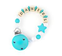 Mi Pipo - Chupetero Personalizado con Nombre | Chupetero Bebe Personalizada Madera Natural | +0 Meses, Libre de BPA y Seguro | Limpieza Fácil | Regalo Bebe Recién Nacido | Turquesa con Estrella