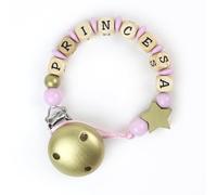 Mi Pipo - Chupetero Personalizado con Nombre | Chupetero Bebe Personalizada Madera Natural | +0 Meses, Libre de BPA y Seguro | Limpieza Fácil | Regalo Bebe Recién Nacido | Dorada y Rosa con Estrella