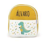 Mi Pipo - Mochila Bebe Guarderia Personalizada Dinosaurio Mostaza | Mochila Polipiel con Nombre Bordado Personalizado | Mochilas Infantiles con Asas regulables | Fácil Limpieza y Diseño Exclusivo