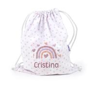Mi Pipo - Mochila Saco Personalizada Petate - Arcoiris Blush | Mochila Tela Guarderia Pique 100% Algodón, con Nombre | 0-3 Años, Cierre y Asas de Cordón | Fácil Limpieza y Diseño Exclusivo