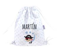 Mi Pipo - Mochila Saco Personalizada Petate - Pirata | Mochila Tela Guarderia Pique 100% Algodón, con Nombre | 0-3 Años, Cierre y Asas de Cordón | Fácil Limpieza y Diseño Exclusivo