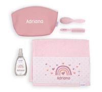 Mi Pipo - Neceser Niña Personalizado - Arcoiris Blush | Neceser Aseo Infantil con Toalla, Colonia, Peine y Cepillo | para Viajes, Uso Diario, Colegio | Impermeable, Seguro, Cómodo y Fácil de Limpiar