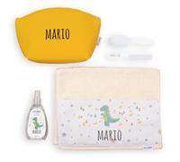 Mi Pipo - Neceser Niño Personalizado - Dinosaurio | Neceser Aseo Infantil con Toalla, Colonia, Peine y Cepillo | para Viajes, Uso Diario, Colegio | Impermeable, Seguro, Cómodo y Fácil de Limpiar