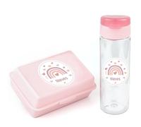 Mi Pipo - Pack Fiambrera Infantil Personalizada + Botella Agua Niños con Pajita 600ml - Arcoiris Blush | Resistente, Cómoda, Segura, Libre de BPA y con Nombre | Ideal Escuela, Excursiones y Viajes