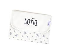 Mi Pipo - Portadocumentos Bebe Personalizado con Nombre y Estrellas - Gris | Funda Porta Documentos de Bebé | Polipiel con Cierre Velcro y Compartimentos | Ideal para Guarderia, Excursiones y Viajes