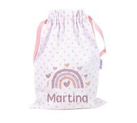 Mi Pipo - Saquito de Tela para Guarderia Personalizado - Arcoiris Blush | Bolsa Infantil Tela Pique 100% Algodón, con Nombre | 0-3 Años, Cierre y Cintas para Colgar | Fácil Limpieza y Diseño Exclusivo