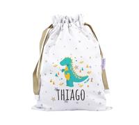 Mi Pipo - Saquito de Tela para Guarderia Personalizado - Dinosaurio | Bolsa Infantil en Tela Pique 100% Algodón, con Nombre | 0-3 Años, Cierre y Cintas para Colgar | Fácil Limpieza y Diseño Exclusivo