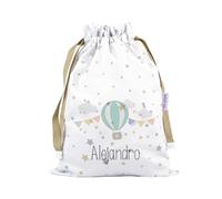 Mi Pipo - Saquito de Tela para Guarderia Personalizado - Globo | Bolsa Infantil en Tela Pique 100% Algodón, con Nombre | 0-3 Años, Cierre y Cintas para Colgar | Fácil Limpieza y Diseño Exclusivo