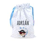 Mi Pipo - Saquito de Tela para Guarderia Personalizado - Pirata | Bolsa Infantil en Tela Pique 100% Algodón, con Nombre | 0-3 Años, Cierre y Cintas para Colgar | Fácil Limpieza y Diseño Exclusivo
